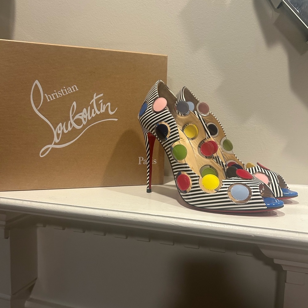 Authentic Christian Louboutin LadyBug Peep Toe Striped Heels w/ Dots 100mm